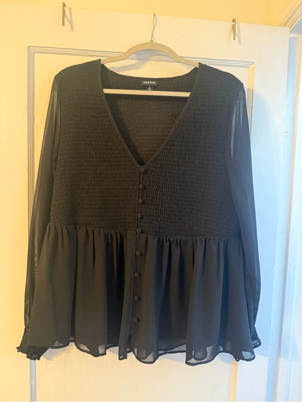 Torrid Black Smocked V-Neck Peplum Button-Front Blouse